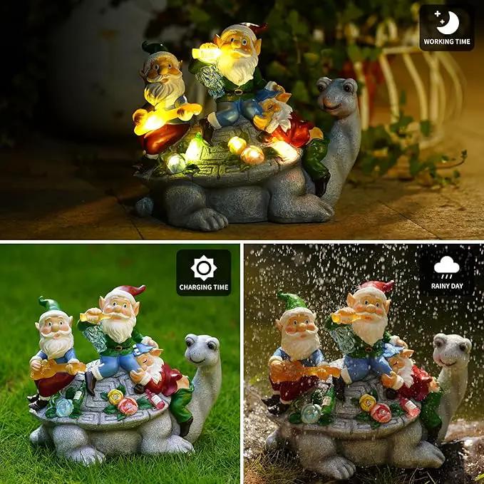 Upgraded Size Solar Garden Outdoor Statues Three Gnomes having party on turtle with 7 LED Solar Figurine for Lawn,Patio,Balcony,Yard Decor Unique Housewarming Gift, for grandfather, Father,Grandma,Wen by GreenHaven Gardens