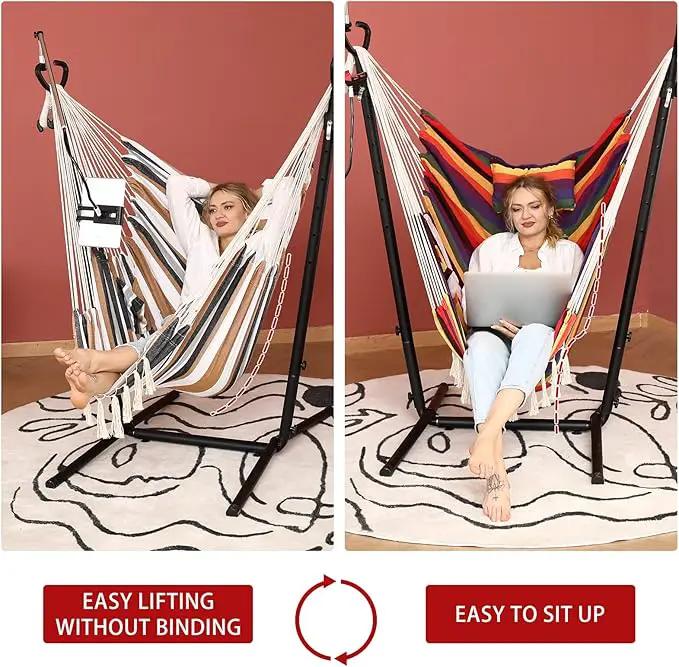 ZEYU Hammock Chair with Stand Double Hammock Chair Bohemian Style with Tassel Mobile Phone Support Manual Adjustable Swing Indoor and Outdoor Garden Porch with Floor mat Reclining Capacity 400 pounds by GreenHaven Gardens