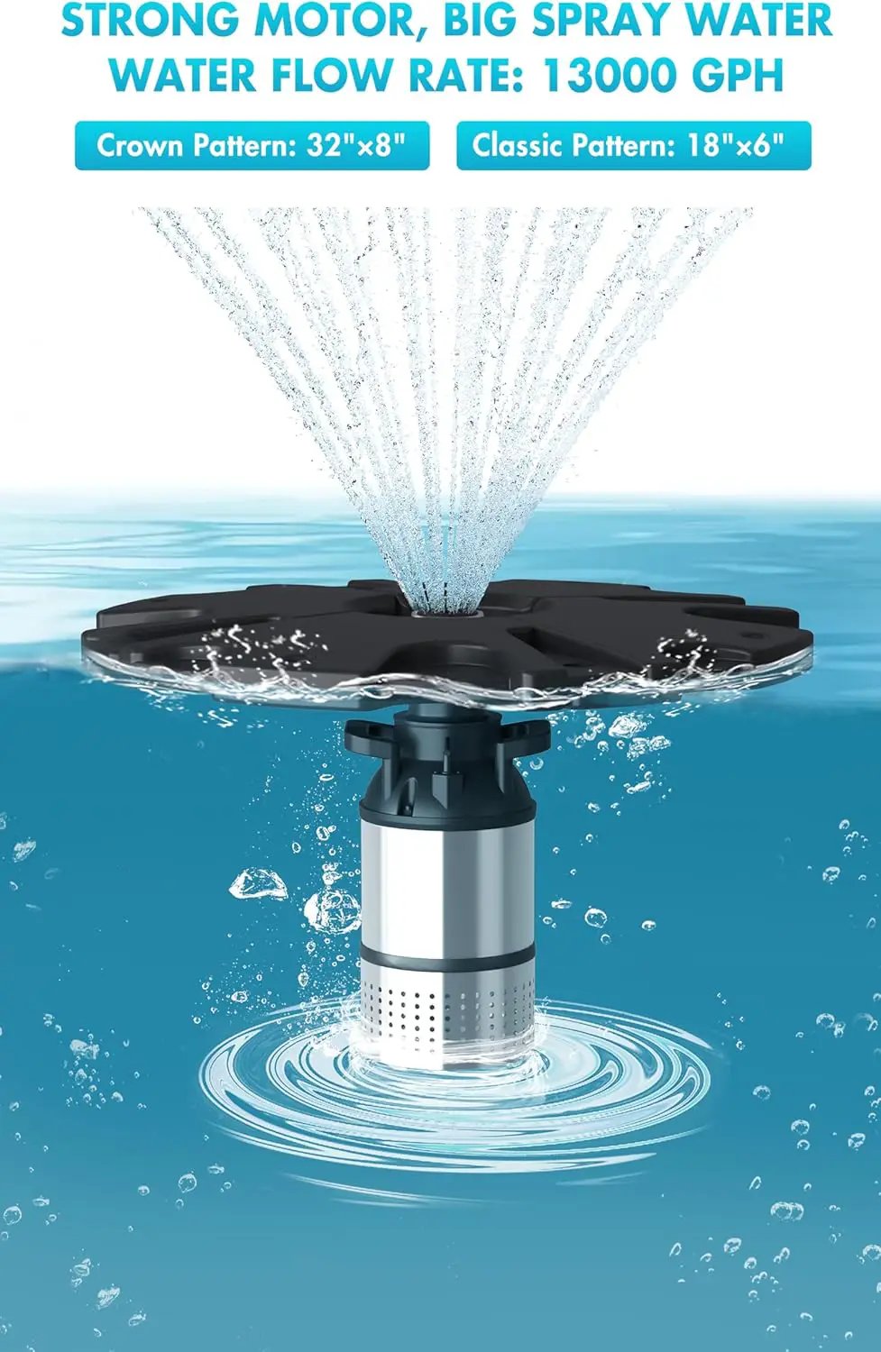 HQUA FS01 120V, 1/2HP, Large Pond Floating Fountain with FSL01 LED RGB Color-Changing Light Sets, 100’ cord, 13000 GPH, Two spray patterns 32'x12' and 18'x6' by GreenHaven Gardens