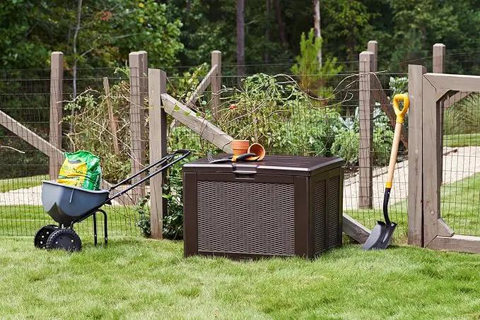 Rubbermaid Medium Resin Outdoor Storage Deck Box (74 Gal) Weather Resistant Brown Deck Organization for Home/Backyard/Pool Chemicals/Toys/Garden Tools/Porch/Patio Cushions by GreenHaven Gardens