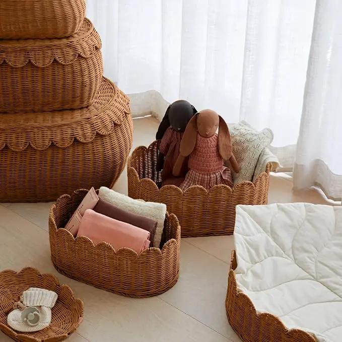 BEBE BASK Premium Scalloped Basket Set Of 2 - Scallop Basket - 16 x 10 x 7 Inch - Hand-Woven Elegant Wicker With Scalloped Edge - Nursery Storage (Mocca) by GreenHaven Gardens