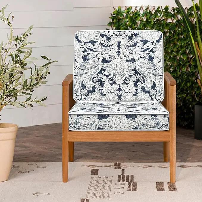 LVTXIII Patio Chair Cushions 22"x22"x3", Water-Repellent Outdoor Seat Cushions for Patio Furniture, Square Chair Pads with Ties for Home Garden Decoration, Set of 2, Damask Lapis by GreenHaven Gardens