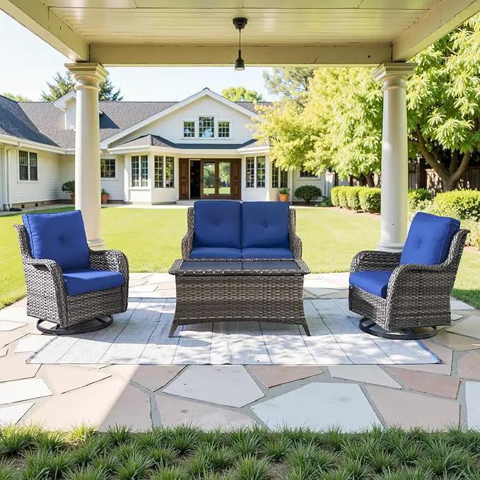 Outdoor Patio Furniture Set - 7 Piece Gray Wicker Conversation Patio Furniture Set All Weather Swivel Chairs with Ottoman and Loveseat Glider Chair for Deck Balcony Backyard by GreenHaven Gardens