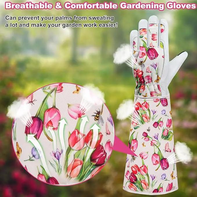 DLY Gardening Gloves for Women, Rose Gloves Gardening Thorn Proof, Long Garden Gloves for Women, Breathable Cowhide Leather Gauntlet(Medium,White) by GreenHaven Gardens