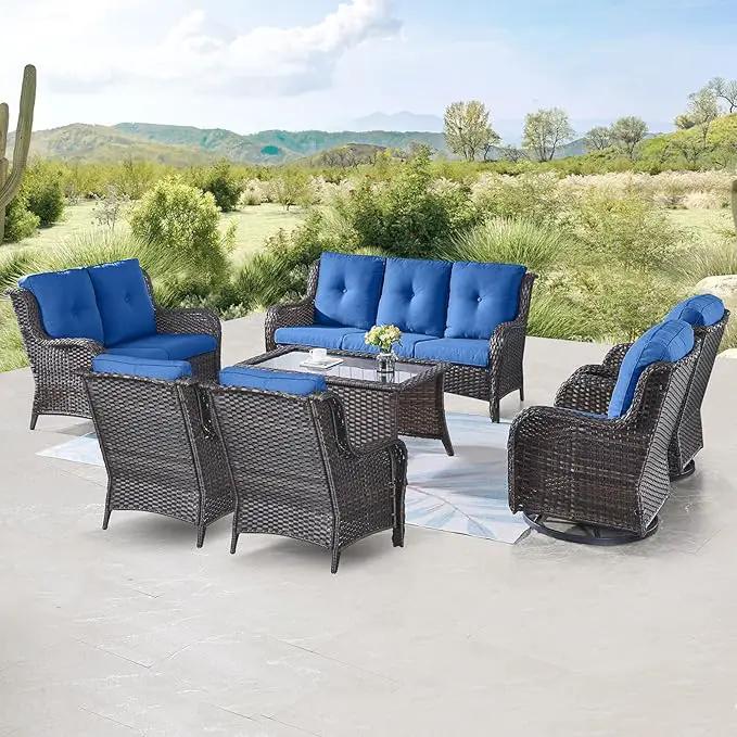 Outdoor Wicker Furniture Patio Set - 7 Piece Backyard Furniture Brown Rattan Conversation Sets with Swivel Rocker Chairs, Rattan Sofa, Club Chairs and Coffee Table, Blue Cushion by GreenHaven Gardens