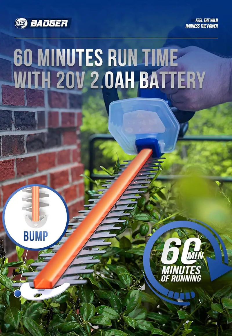 WILD BADGER POWER 20v Hedge Trimmer Upgrated, 22" Cordless with Guard & Bumper, Lightweight, Powerful, 2.0AH Battery and Charger Included by GreenHaven Gardens