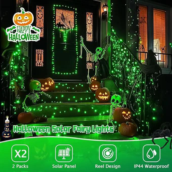 JMEXSUSS 2 Pack Green Solar Halloween Lights Each 66ft 200 LED Green Solar Lights Outdoor, 8 Modes Copper Wire Solar Fairy Lights for Garden Yard Patio Christmas Halloween Decorations by GreenHaven Gardens