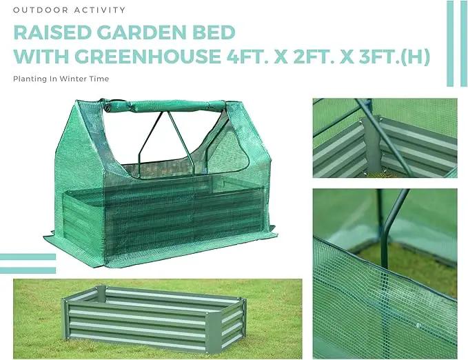 Aoodor 4 x 2 x 1 ft Raised Garden Metal Bed, Mini Greenhouse Kit with 2 Roll-up Zipper Doors, for Vegetables, Herbs and Flowers by GreenHaven Gardens