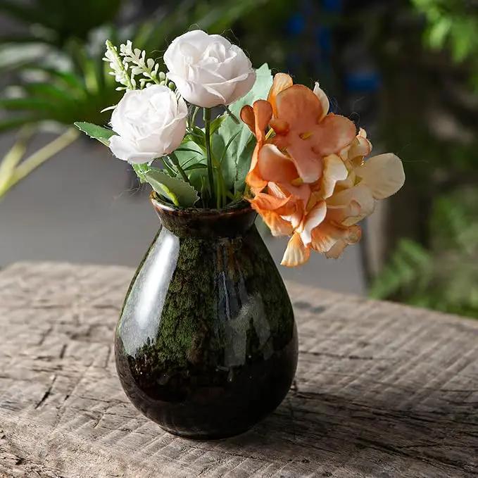 JOJUNO Glazed Rustic Bud Vase Set of 4 - Small Ceramic Mini Pottery Vases in White, Yellow, Green, Red - Ideal for Fresh & Dried Flowers - Modern Farmhouse Décor for Living Room, Shelves, Dining Table by GreenHaven Gardens