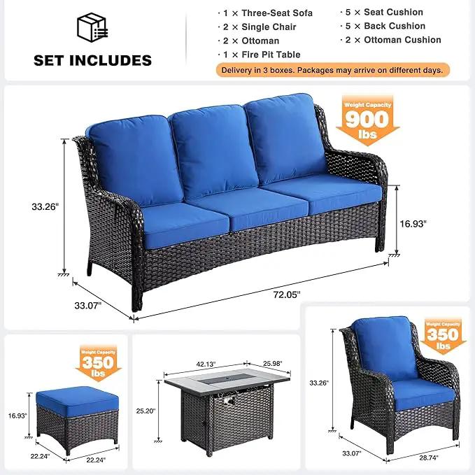 ovios 6 Pieces Patio Furniture Set with 42" Fire Pit Table, Outdoor Wicker Sofa with Ottomans, Comfy Cushions, High Back Couch Conversation Set, Brown Rattan, Navy Blue by GreenHaven Gardens