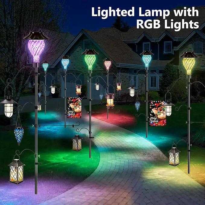 Solar Shepherds Hooks with Hand Blown Glass Lamp, Decorative RGB Lights, 4 Hooks & 1 Flag Holder, Heavy Duty Stand for Hanging Hummingbird Feeder, Bird Feeder, Plant, Landscape Light (Purple) by GreenHaven Gardens