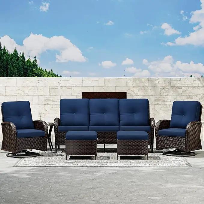 Joyside 6 Piece Patio Furniture Set, Outdoor Wicker Conversation Sets with Swivel Rocker Chairs and Sofa, Thick Cushion, Rattan Patio Sectional for Porch, Deck Use (Brown/Blue, 6 PCS) by GreenHaven Gardens