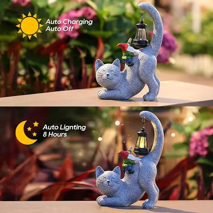 Cat Statue Garden Decor with Funny Gnome Figurine & Solar Lantern, Motherday Gifts for Mom,Birthday Gift for Women,Cat Statues for Garden,Patio,Yard Decoration, Gray, SR-C-003 by GreenHaven Gardens