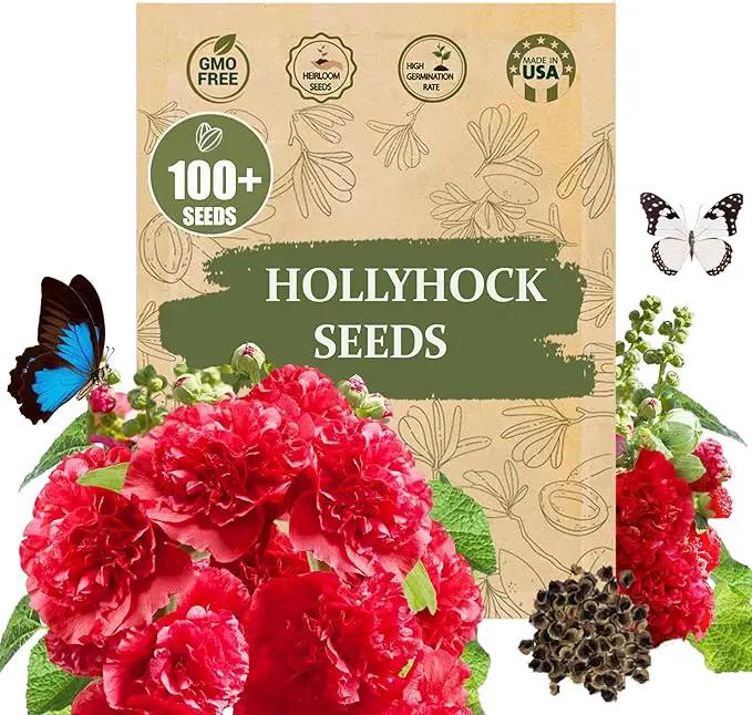 Premium Rare Hollyhock Seeds – 100+ Double Red Hollyhock Flower Seeds – Non-GMO, Heirloom Perennial – Showy Blooms for Outdoor Planting (Dwarf Double Red Hollyhock) by GreenHaven Gardens