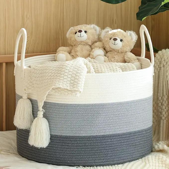 KAKAMAY Large Blanket Basket (20"x13"),Woven Baskets for storage Baby Laundry Hamper,Cotton Rope Blanket Basket for Living Room, Laundry, Nursery, Pillows, Baby Toy chest with Handles (White/Grey) by GreenHaven Gardens