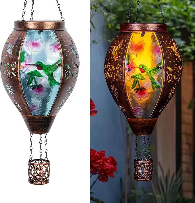 Hummingbird Hot Air Balloon Solar Lantern, Metal & Glass Flickering Flame Light Solar Lantern, Hanging Waterproof Solar Lanterns Outdoor for Garden Patio Tree Decoration by GreenHaven Gardens