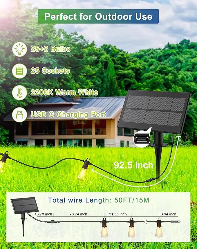 Solar String Lights Outdoor Waterproof 50FT with USB Port and 27 Shatterproof ST38 Bulbs(2 Spare), LED Solar Powered Patio Lights for Outside, Porch, Backyard, Bistro, Garden, Market - 2200K by GreenHaven Gardens