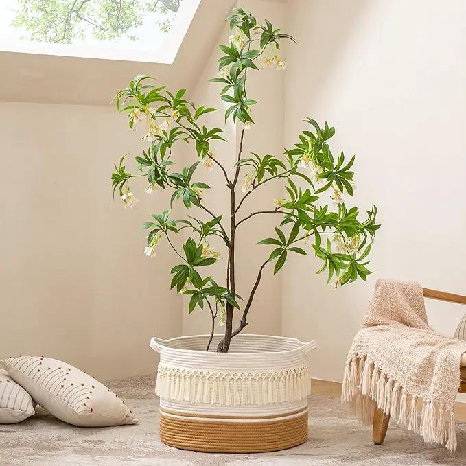 KAKAMAY Large Blanket Basket (20"x13"),Woven Baskets for storage Baby Laundry Hamper, Cotton Rope Blanket Basket for Living Room, Laundry, Nursery, Pillows, Baby Toy chest (White Fringe) by GreenHaven Gardens