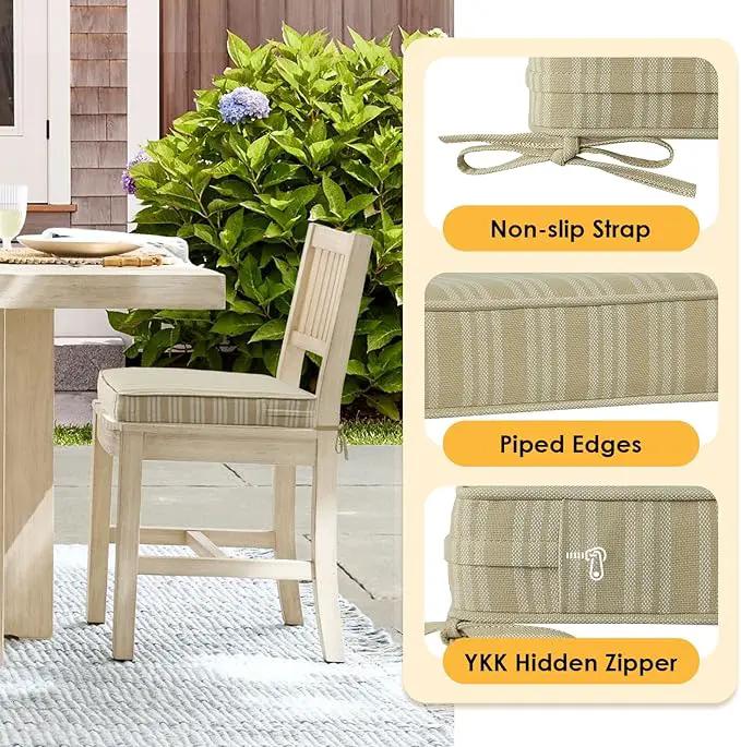 Outdoor Square Corner Seat Cushion, 19"x19"x3", Set of 4, Non Slip Seat Cushion Pads with Removable Cover for Patio Furniture, Garden Yard Lawn, Beige Brown Stripe by GreenHaven Gardens