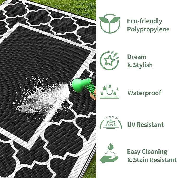 GENIMO 5' x 8' Outdoor Rug Waterproof for Patio Decor, Foldable Reversible Plastic Straw Area Rugs Mat for Camper, Outside Carpet for Rv, Deck, Porch, Picnic, Beach, Balcony, Black & White by GreenHaven Gardens