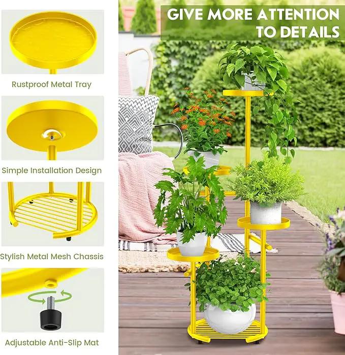 TOSKING 5 Tier Metal Plant Stand Indoor， Plant Shelf, Corner Shelf Flower Pot Stand for Outdoor Plant Stand for Living Room Balcony Garden Patio Bedroom (5Tier-37''-yellow) by GreenHaven Gardens