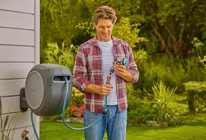 GARDENA 20502, Retractable Garden Hose Reel 75' x 1/2" hose, Wall Mounted, Automatic Retraction & Length Lock for Easy Watering. Heavy Duty Swivel Bracket 180°, Includes Nozzle. Made in Europe by GreenHaven Gardens