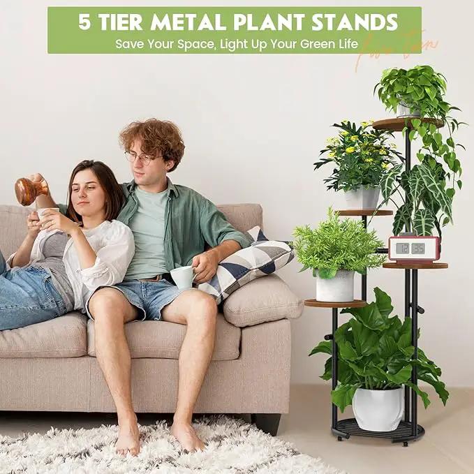 TOSKING 5 Tier Metal Plant Stand Indoor， Plant Shelf, Corner Shelf Flower Pot Stand for Outdoor Plant Stand for Living Room Balcony Garden Patio Bedroom (Black and Brown, 42in) by GreenHaven Gardens