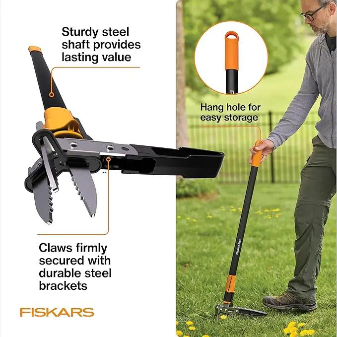 Fiskars 3-Claw Stand Up Weed Puller Tool, Gardening Weeder, Hand Weeding Tool with 39" Long Ergonomic Handle with Easy-Eject Mechanism by GreenHaven Gardens