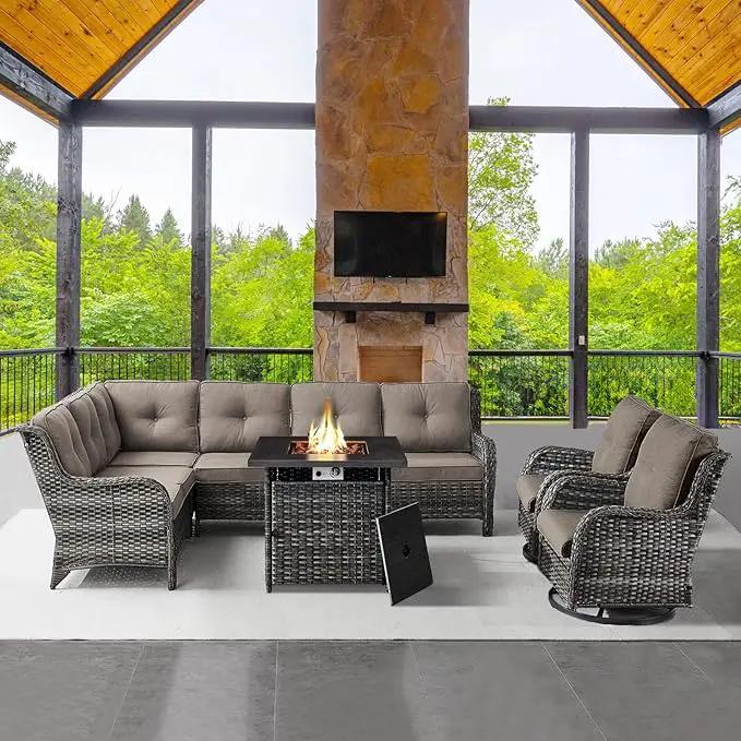 Outdoor Sectional Sofa Furniture Set with Propane Fire Pit Table, Wicker Patio Conversation Set with 2 Swivel Glider Rocker Chairs Grey Cushion Perfect for Backyard Casual Gathering by GreenHaven Gardens