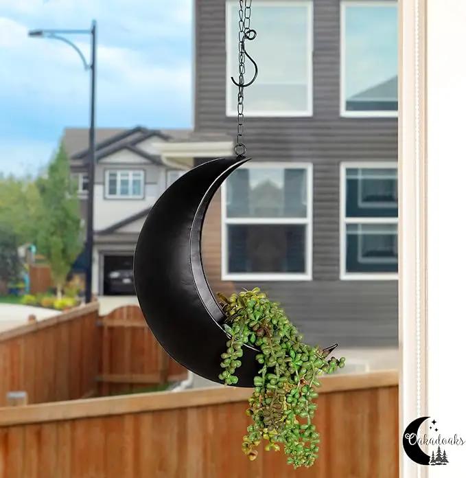 Black Hanging Moon Planter with Drain Holes - Moon Room Decor - Unique Planters for Succulents,Air Plant, Cactus, Artificial Plants- Plant Lover Gifts - Boho,Hippie, Birthdays,Witchy Gifts for Women by GreenHaven Gardens