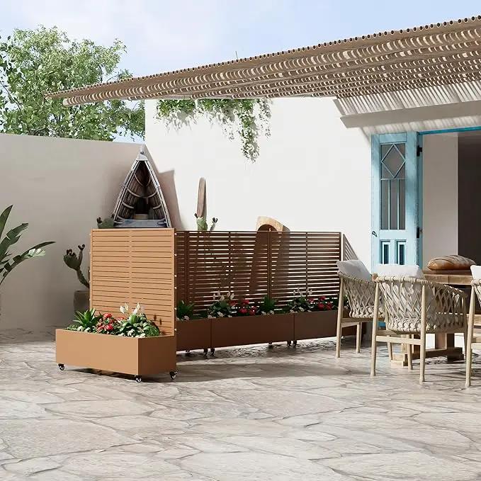 Casaphoria Metal Raised Garden Bed with Trellis and Wheels, 47"x47"x16" Planter Box for Climbing Plants, Vegetables & Vines, Features Drainage Holes and Privacy Screen (Brown-Louvered) by GreenHaven Gardens