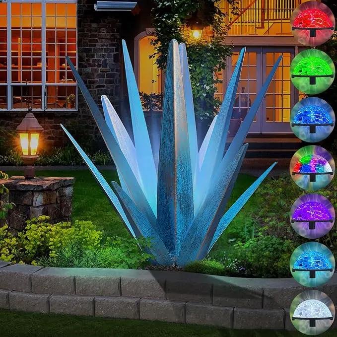 Large Tequila Rustic Sculpture, Rustic Metal Agave Plants for Outdoor Patio Yard, Home Decor Hand Painted Metal Agave Garden Yard Statue, Outdoor Lawn Ornaments (Sky Blue - L(W/Solar Light)) by GreenHaven Gardens
