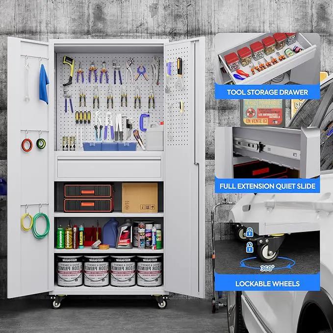 Metal Garage Cabinet with Wheels,71''H Rolling Lockable Steel Tool Cabinet with Pegboard & Drawer for Garage,Home,Office Assembly Required,White by GreenHaven Gardens