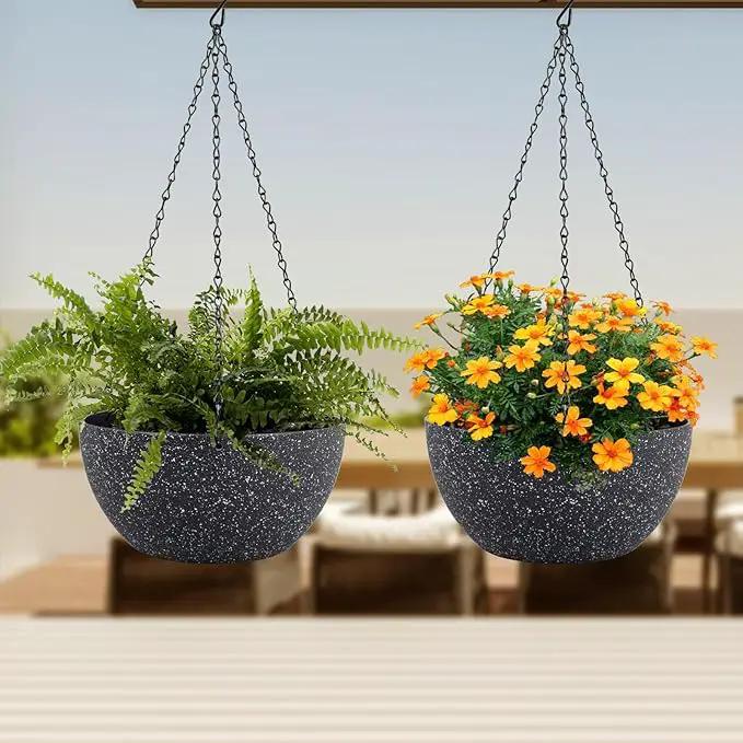 8 inch Small Hanging Planters for Indoor Outdoor Plants, 2 Pack Hanging Flower Plant Pots with Drainage Holes and Chain for Porch, Plastic Hanging Baskets for House Plants, Speckled Black by GreenHaven Gardens