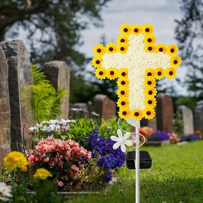 YJFWAL 2 Pack Solar Daisy Cross Garden Stake Lights, Yard Solar Lights Cemetery Decorations for Grave Outdoor Light Jesus Cross Sympathy Memorial Gifts for Grandmother, for Garden Yard Lawn Pathway by GreenHaven Gardens