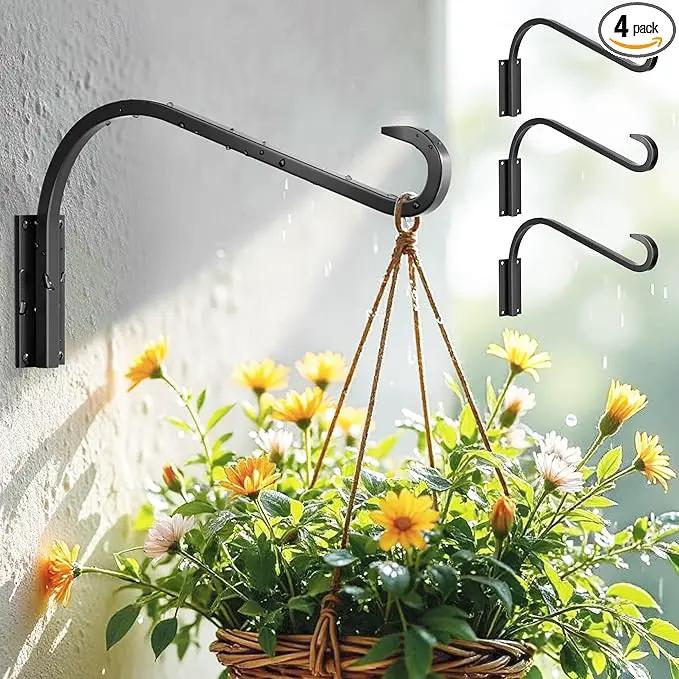 12 Inch 4 Pack Plant Hangers for Indoor/Outdoor Wall Mount - Heavy Duty Hanging Plant Holder & Bird Feeder Hooks, Decorative Black Metal Wall Hangers for Plants, Flower Baskets by GreenHaven Gardens