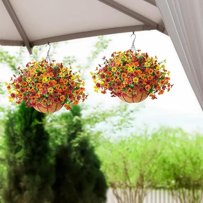 Artificial Fake Hanging Plants Flowers Basket, Faux Silk Daisy in Planter Realistic UV Resistant for Outside Home Patio Balcony Yard Spring Outdoor Decoration (Orange Brown Yellow) by GreenHaven Gardens