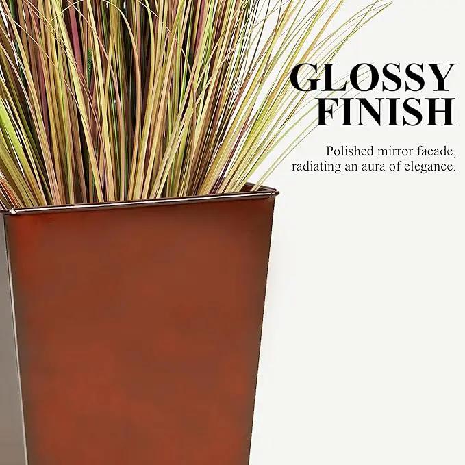 WORTH Garden 25" Large Metal Glazed Planter Set of 2, Luxurious Glossy Finish Red Tall Square Tapered Steel Plant Pots, Decor Flower Pot Indoor & Outdoor, Drainage Hole & Dual-Purpose Plant Saucer by GreenHaven Gardens