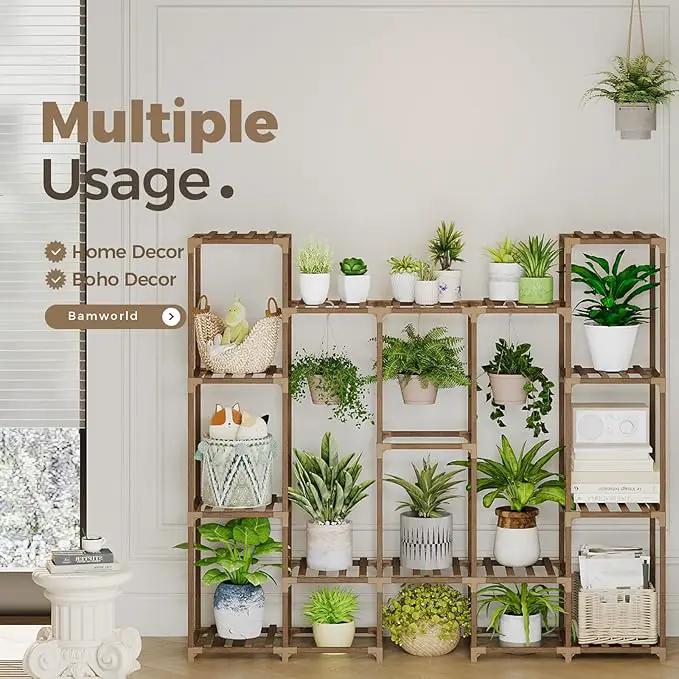 Bamworld Large Plant Stand Indoor Outdoor Hanging Shelf for Multiple PlantsTall Large Holder for Living Room Patio Balcony Garden by GreenHaven Gardens