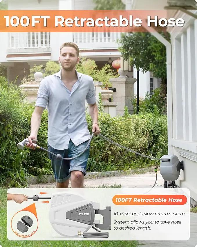 Ayleid Retractable Garden Hose Reel,5/8 in x 100 FT Wall Mounted Hose Reel, with 9- Function Sprayer Nozzle, Any Length Lock/Slow Return System/Wall Mounted/180°Swivel Bracket (Grey) by GreenHaven Gardens