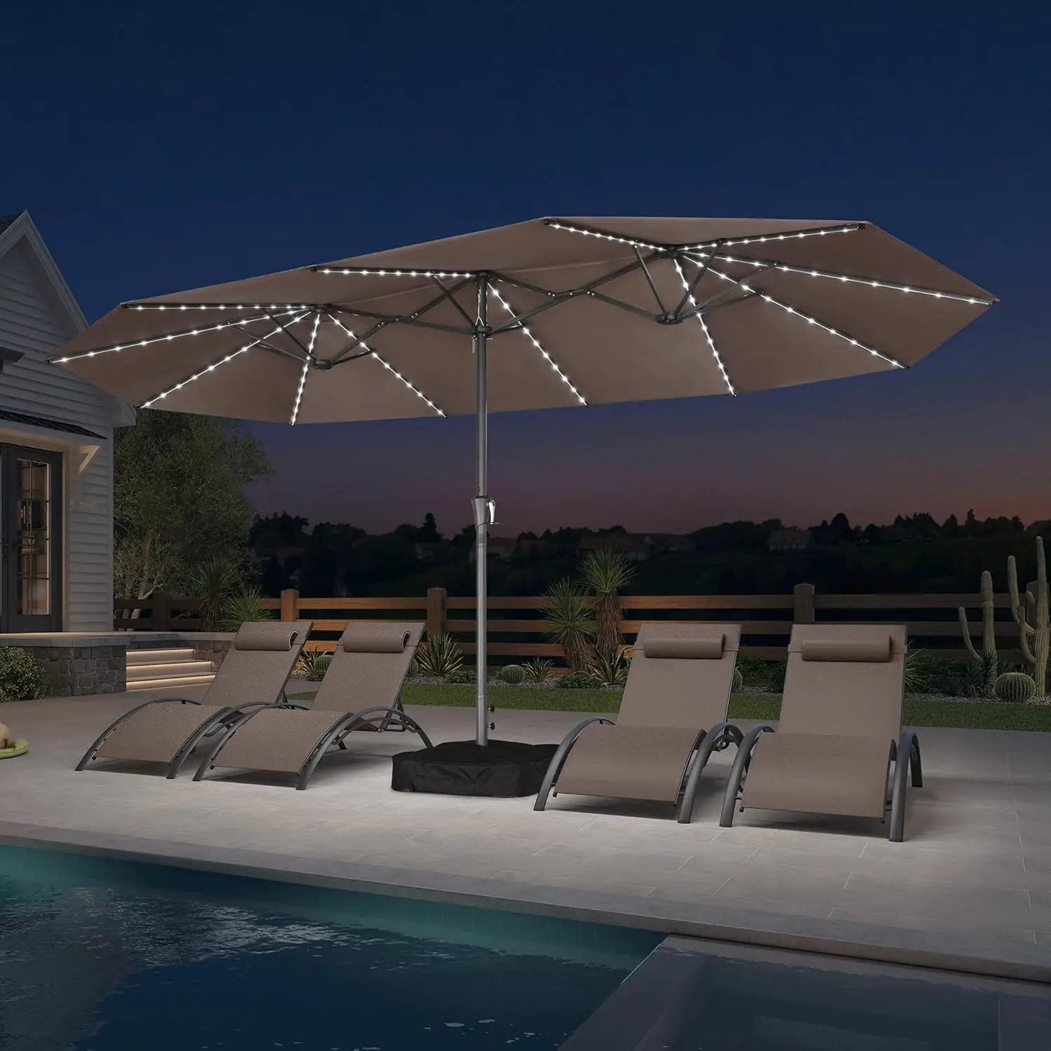 PURPLE LEAF 15ft Double-Side Patio Umbrella with Base and Solar Lights Outdoor Market Umbrella with Crank Handle Rectangle Umbrella for Backyard Pool Garden Deck, Taupe by GreenHaven Gardens