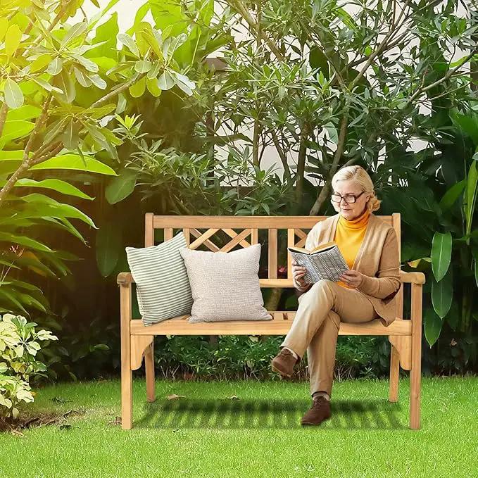 Tangkula Folding Outdoor Wood Garden Bench, Foldable Acacia Wood Patio Bench with Wide Curved Armrest & Backrest, Outside 2-Person Loveseat Chair for Entryway, Yard, Deck, Balcony & Park by GreenHaven Gardens