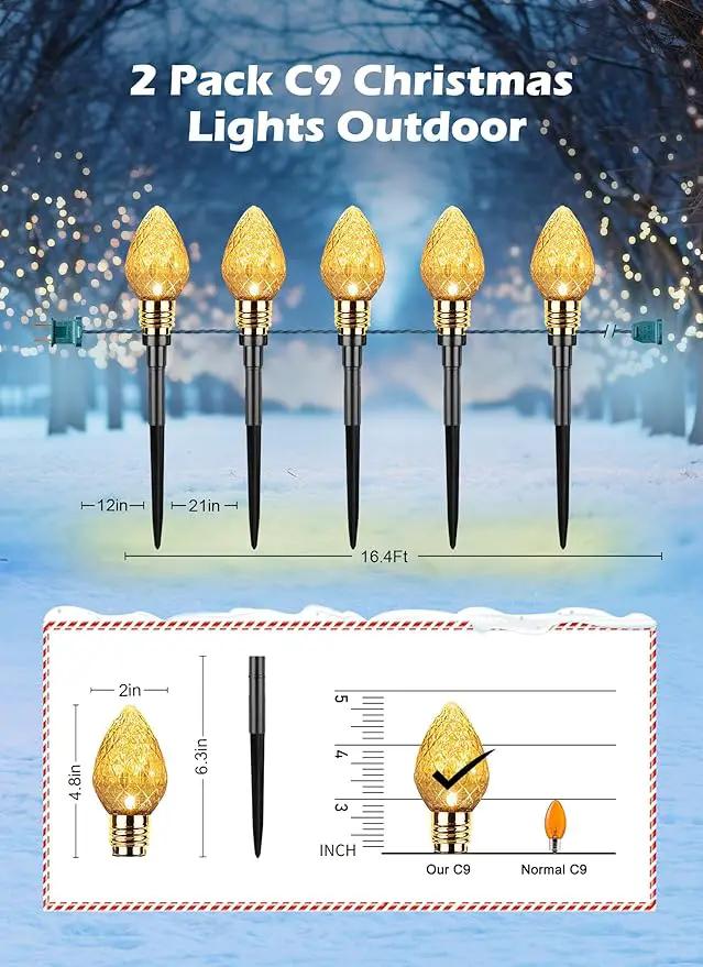 Brightown 2 Pack Strawberry C9 Christmas Pathway Lights Outdoor - Total 34.8 Feet 20 LED Christmas Walkway Lights, Christmas Lights Outdoor Decorations for Yard Lawn Holiday Outside, Warm White