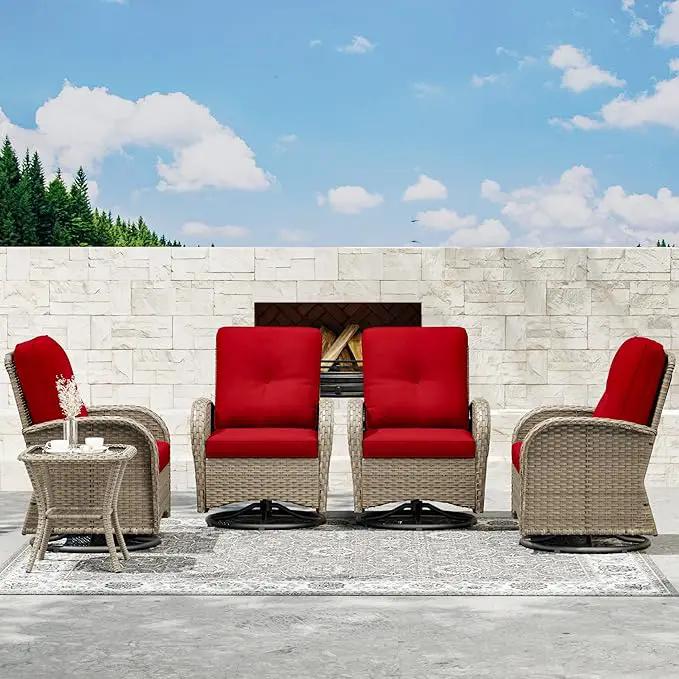 Joyside Outdoor Swivel Rocker Chairs, 6 Piece Wicker Patio Set with Thick Cushion and Side Table, Rattan Patio Swivel Rocking Chairs for Porch, Deck Use (Natural/Red, 6 PCS) by GreenHaven Gardens