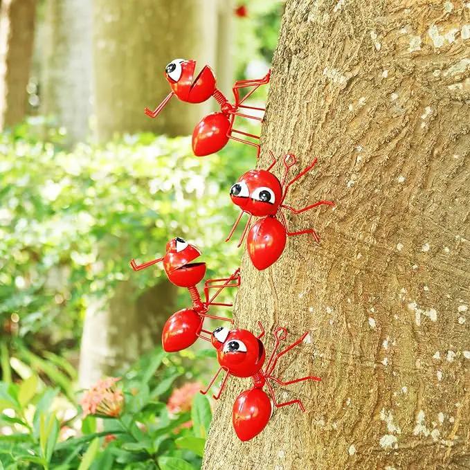 Metal Yard Art Garden Decor Cute Ant Outdoor Wall Sculptures Patio Lawn Ornament Fence Decoraions - Set of 4 Red by GreenHaven Gardens