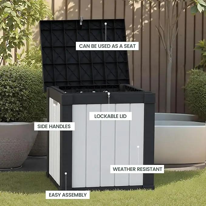 50 Gallon Storage Box, Waterproof Deck Box for Indoor & Outdoor Use, Lockable Pool Storage Bin for Package Delivery, Outdoor Bench for Patio Cushions, Garden Tools, Backyard, Black & White by GreenHaven Gardens