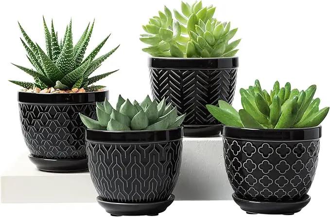 Sureasy Ceramic Plant Pots, 4.7 Inch Flower Pots for Indoor Plants, Succulent Pots with Saucer and Drainage Hole, Decorative Planter for Succulent, Cactus, Set of 4, Black by GreenHaven Gardens
