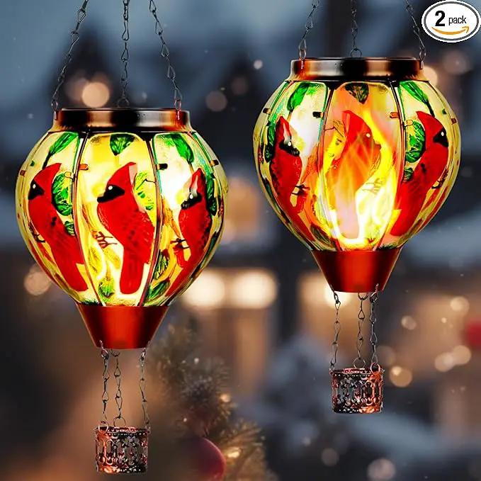 2 Pack Cardinal Solar Hot Air Balloon Lantern with Flame, Outdoor Christmas Decorations Flickering Solar Lights, Glass Hanging Solar Lantern Waterproof, Gardening Gifts for Outdoor Garden Patio Decor by GreenHaven Gardens