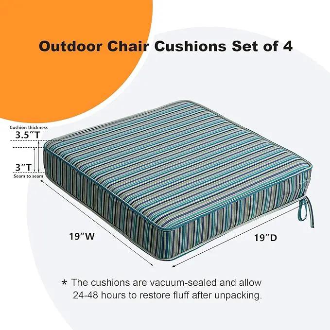 Sunbrella Square Corner Seat Cushions, 19" x 19" x 3", Set of 4, Indoor Outdoor Water Repellent Universal Chair Pads with Ties for Patio Furniture, Garden Dining Chairs, Swell Turquoise by GreenHaven Gardens
