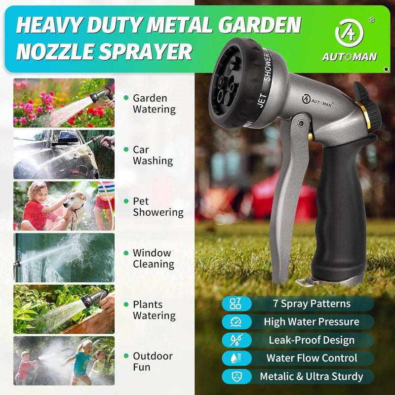 AUTOMAN Garden Hose Nozzle - 2 Pack, 100% Metal High Pressure Spray Nozzle, Labor-Saving Design, Heavy Duty for Garden Watering, Car Washing, Window Cleaning, Pets Bathing by GreenHaven Gardens
